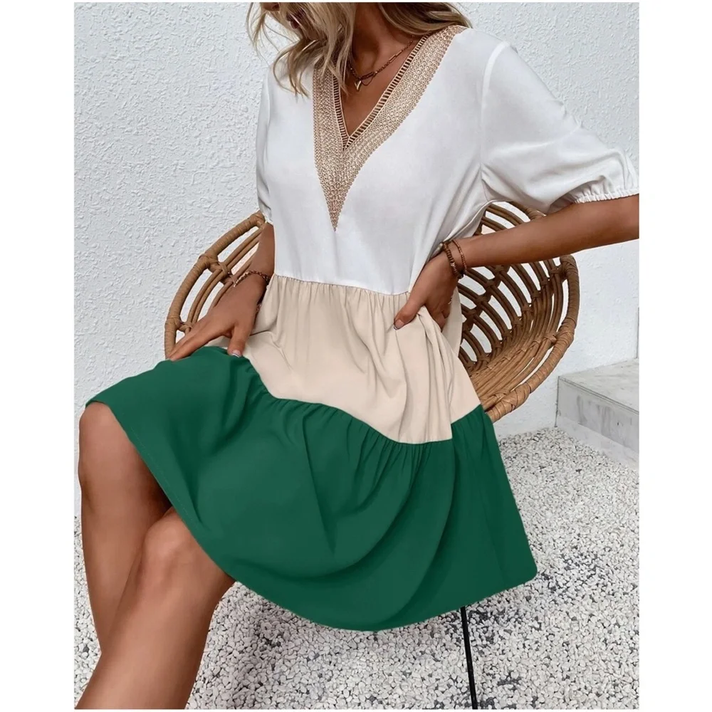 Boho Color Block Lace Oversized Mini Dress - Picture 2 of 13